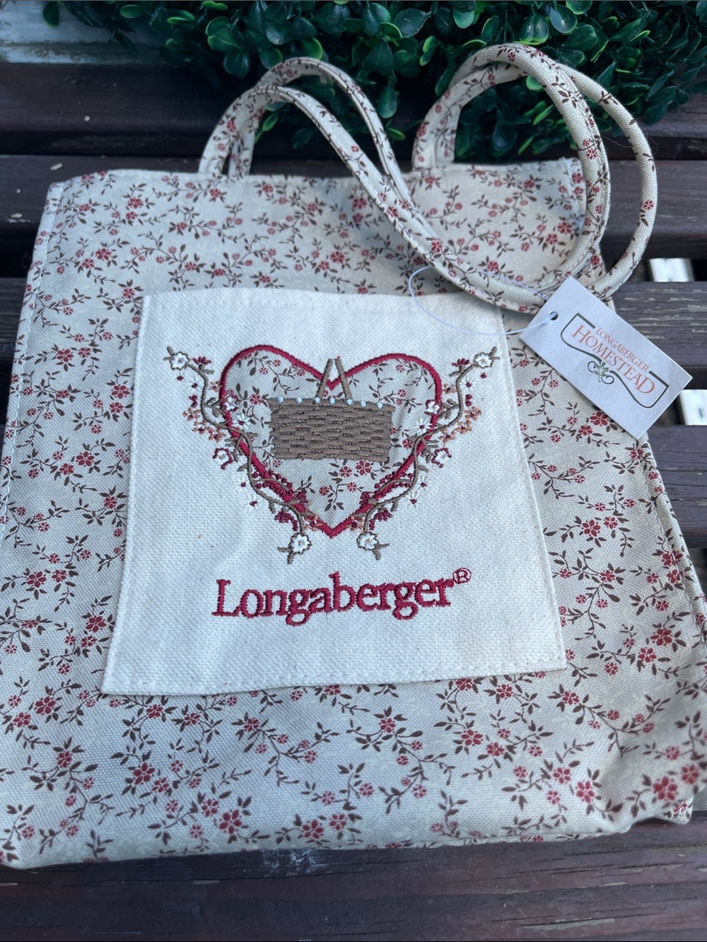 NWT Longaberger Cream and Red Floral Bag with Embroidered Heart